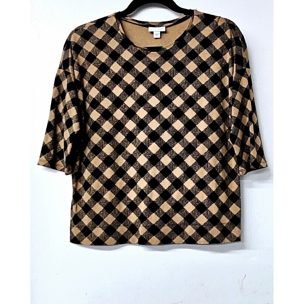 J JILL Black Brown Checkered Long Sleeve Pullover Women Shirt (S)